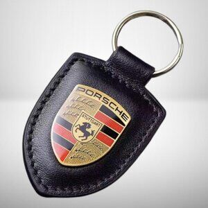 Porsche Crest Black Leather KeyRing - New